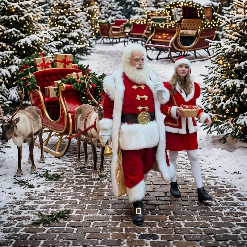 De Kerstman en een kerstmeisje bij een arrenslee met rendieren in de sneeuw